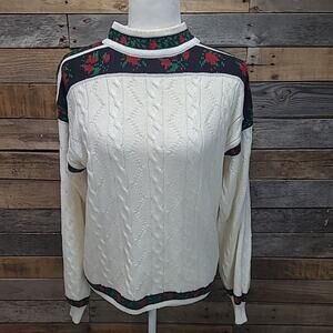 1970's Vintage Cable Knit Sweater Small Cheryl Teigs Cream Rose Floral Classic